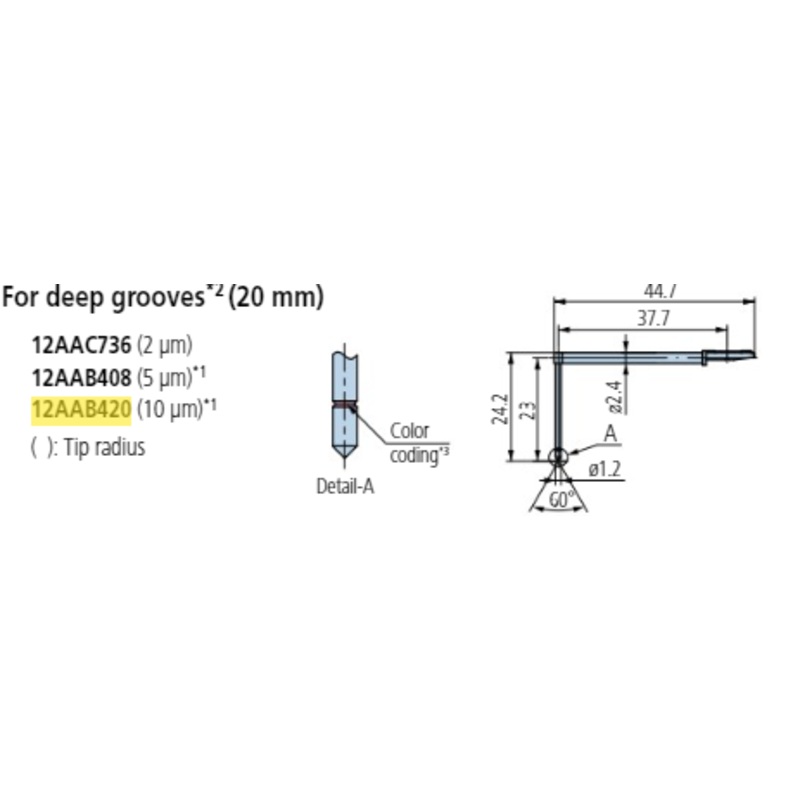 Deep groove 20mm stylus – R10m; 90 for Surftest; Formtracer SV-C 12AAB420