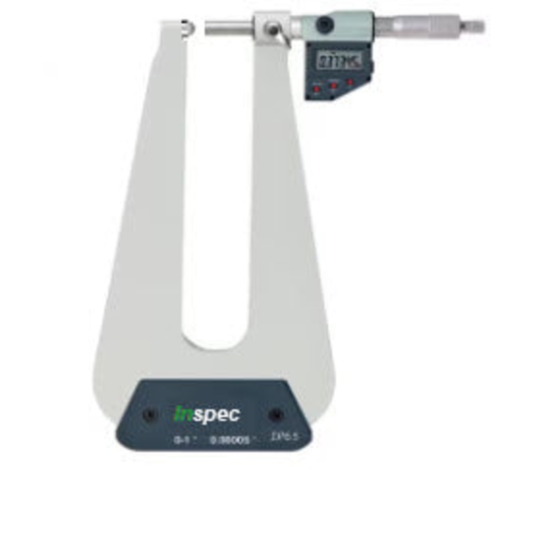 Inspec 233-03-510 Digital Micrometer Deep Throat Range 0-25mm /0-1” , Throat depth 4”/100mm, Radius anvils flat spindle, Resolution .001mm/.00005”