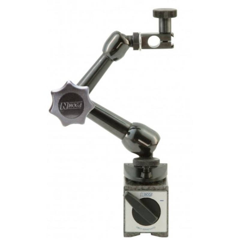 Noga NF10433 Mag Base Type : On/off switchable magnet Magnet Size : 1.18 x 1.57 x 1.38 Bottom Arm Length : 2.2 Top Arm Length : 2 Holder Length : 2.8 Overall Length : 7 Force : 70 lbs Type : Holds 3/8 stem and dovetail
