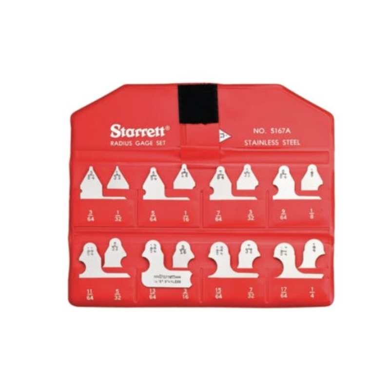 Starrett S167AZ Radius Gauge Inch Set without Holder features 1/32-17/64 radii range, 64ths increments, and 16 gauges. SET, 1/32-17/64 by 64ths, 16 Gauges without 110 Holder.