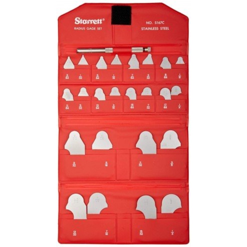 Starrett S167CHZ Steel Radius Gauge Set, 1/64-17/64; 9/32-1/2 Range, 25 Gauges, 64ths & 32nds Increments, Inch Reading