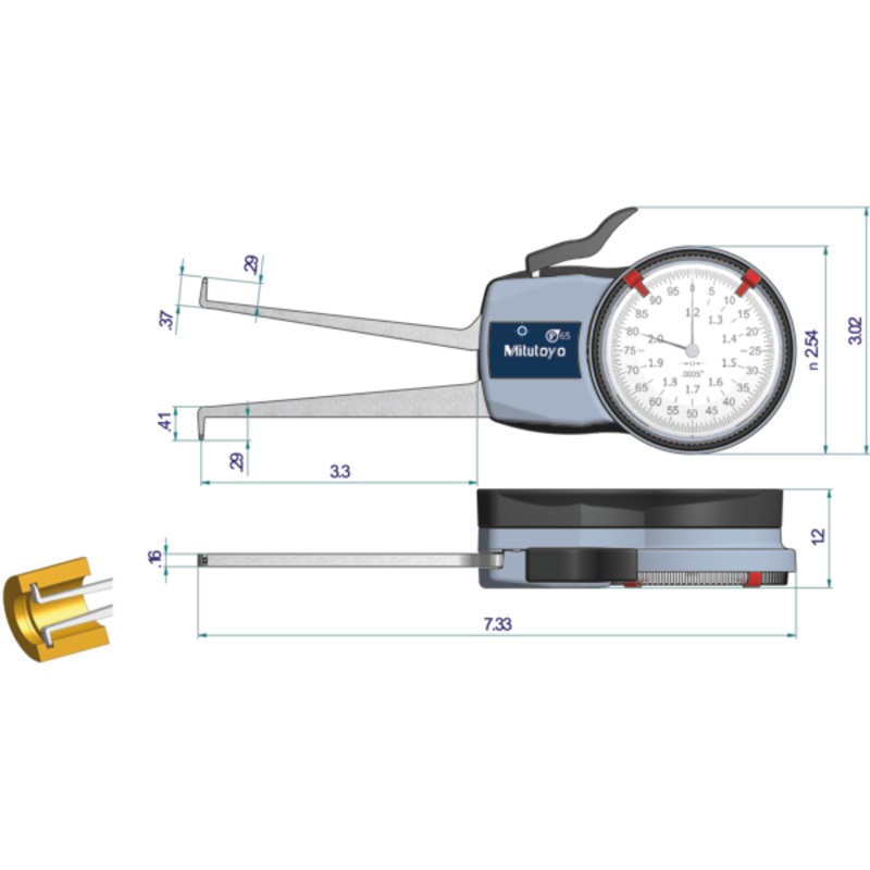 Mitutoyo Internal Dial Caliper Gauge 1,2-2, 0,0005 209-355