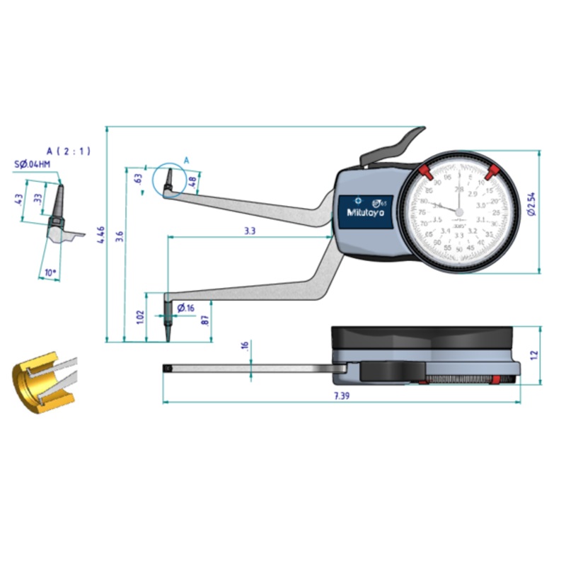 Mitutoyo Internal Dial Caliper Gauge 2,8-3,6, 0,0005 209-359