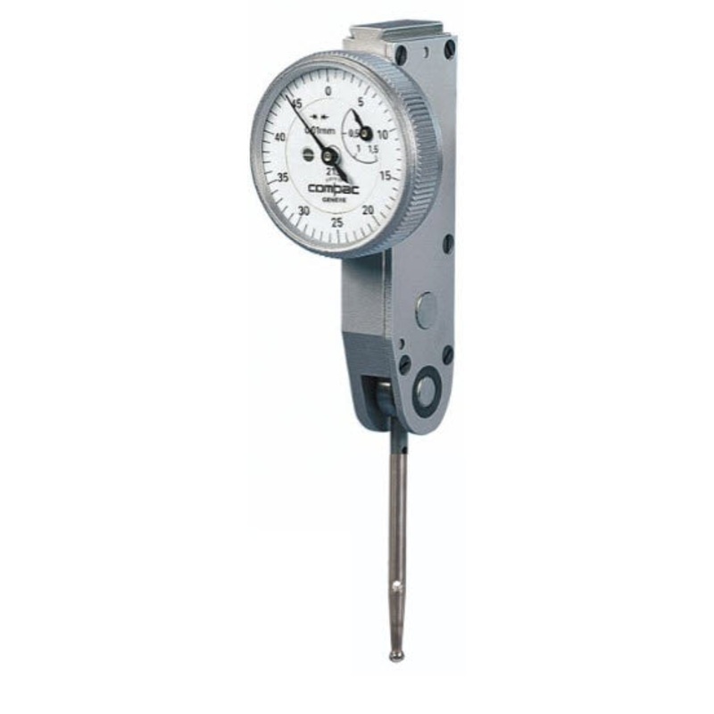 Brown & Sharpe TESA Long Stylus 212L Compac Lever Dial Test Indicator, Horizontal Type, M1.6 Thread, 4mm Stem Dia., White Dial, 0-50-100 Reading, 27mm Dial Dia., 0-3mm Range, 0.01mm Graduation, +/-0.026mm Accuracy, Long Stylus 36mm