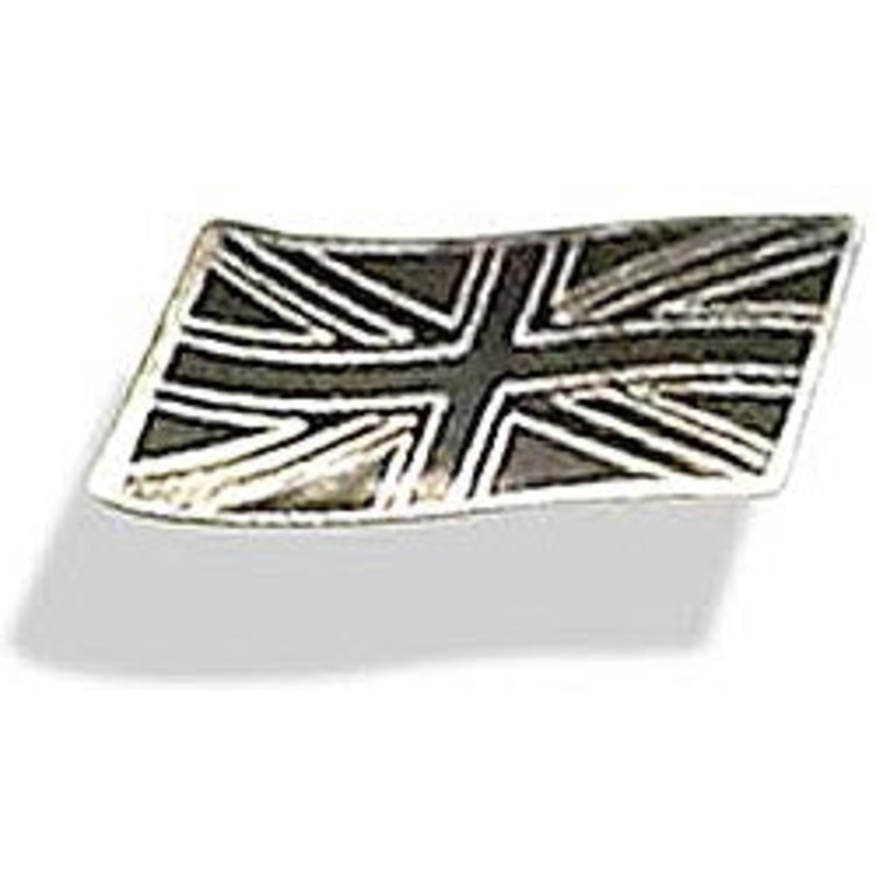 Flying Union Jack black-on-nickel enamelled metal badge 35 x 20mm. Self adhesive back – CXB02421