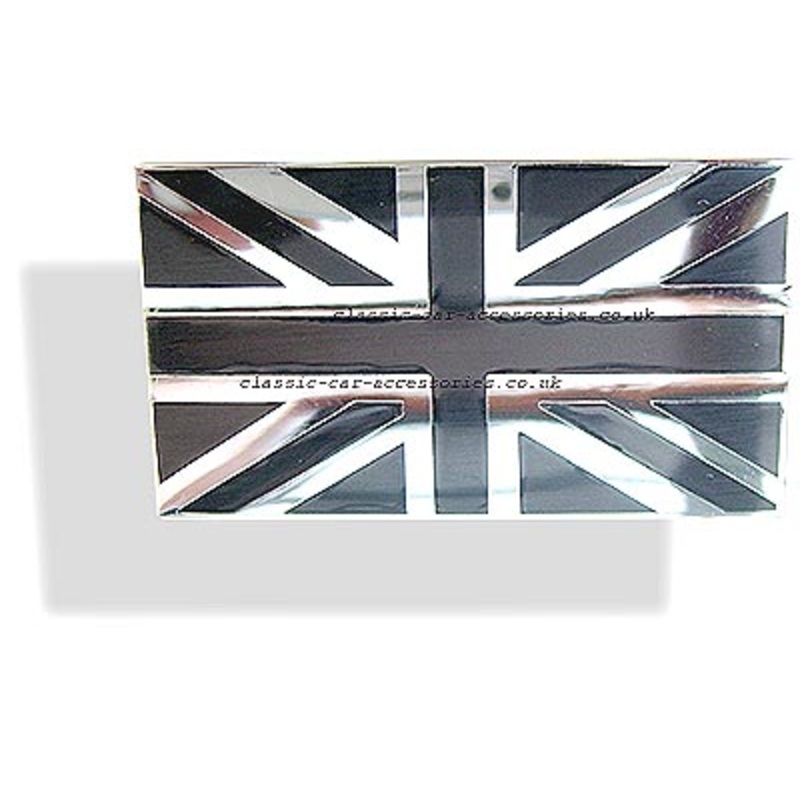 Union Jack chrome-on-black enamelled metal badge 51 x 29mm. Self adhesive back – CXB0242
