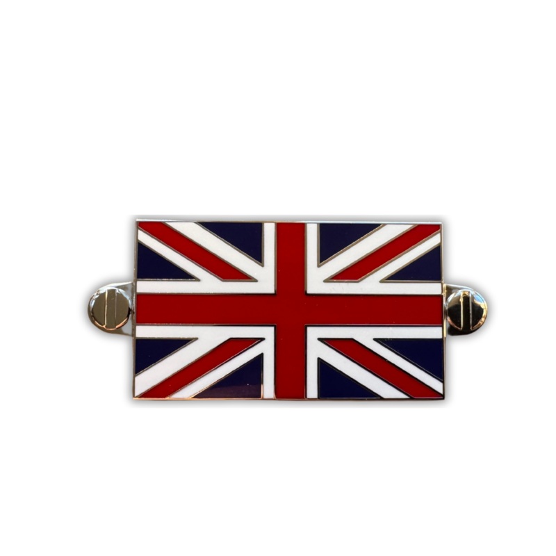 Union Jack brass enamelled metal badge 51 x 29mm with simulated chrome fixing screws  – CXBUJSC