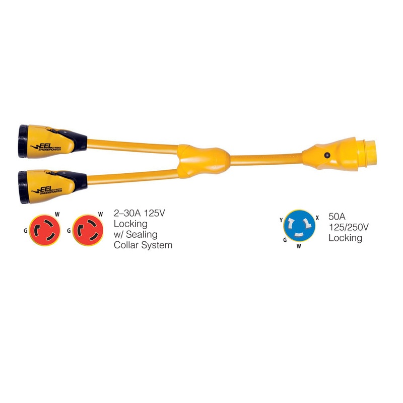Marinco Y504-2-30 EEL (2)-30A-125V Female to (1)50A-125/250V Male Y Adapter – Yellow [Y504-2-30]