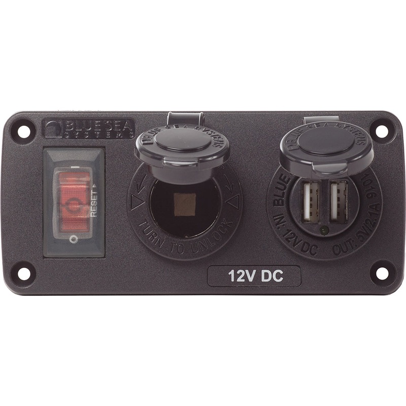 Blue Sea 4363 Water Resistant USB Accessory Panels – 15A Circuit Breaker, 12V Socket, 2.1A Dual USB Charger [4363]