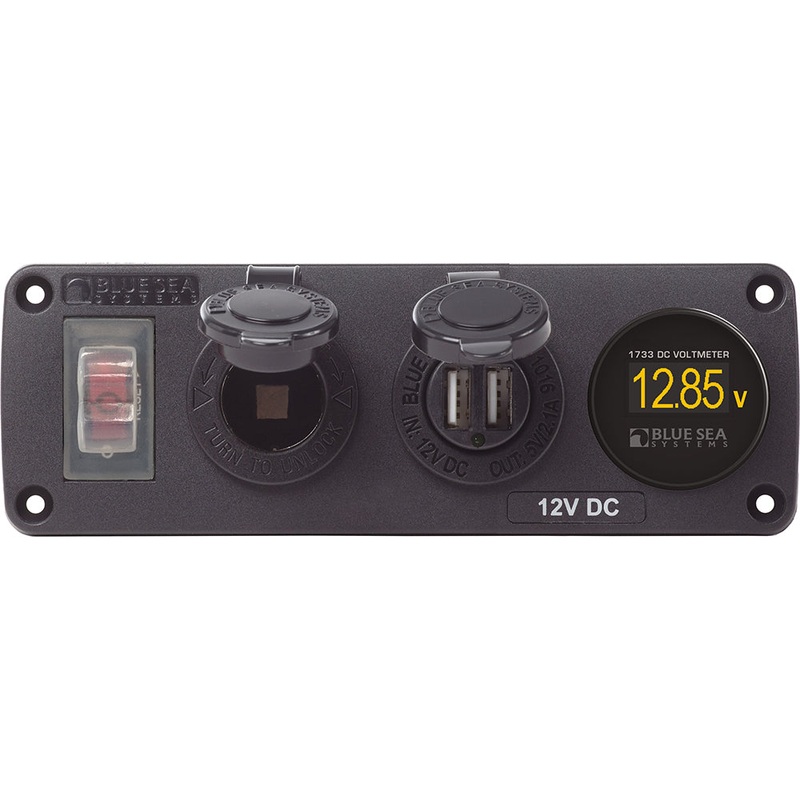 Blue Sea 4366 Water Resistant USB Accessory Panel – Circuit Breaker, 12V Socket, Dual USB Charger, Mini Voltmeter [4366]