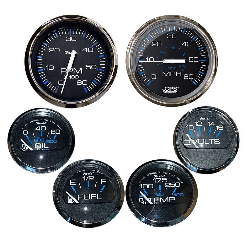 Faria Chesapeake Black w/Stainless Steel Bezel Boxed Set of 6 – Speed, Tach, Fuel Level, Voltmeter, Water Temperature  Oil PSI – Inboard Motors [KTF064]
