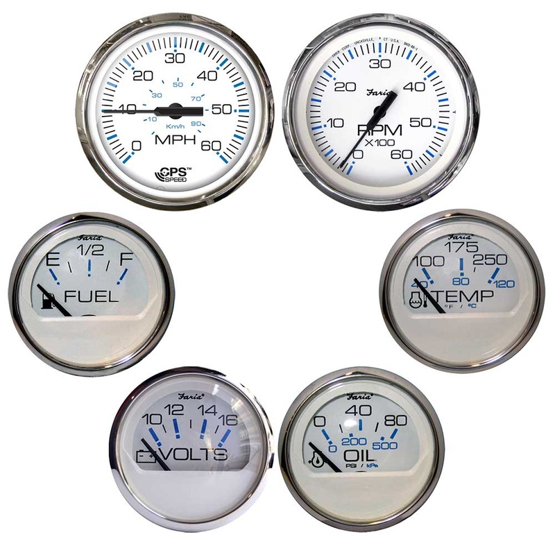 Faria Chesapeake White w/Stainless Steel Bezel Boxed Set of 6 – Speed, Tach, Fuel Level, Voltmeter, Water Temperature  Oil PSI – Inboard Motors [KTF063]