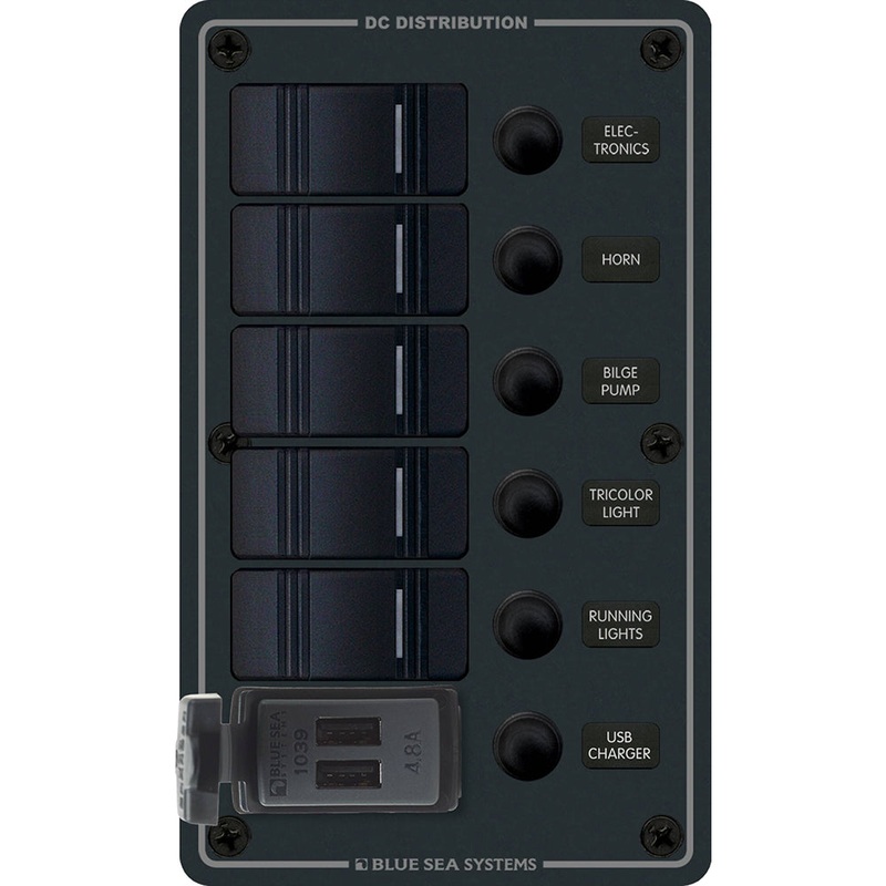 Blue Sea 8521 – 5 Position Contura Switch Panel w/Dual USB Chargers – 12/24V DC – Black [8521]