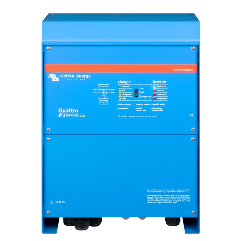 Victron Quattro Inverter/Charger 48 VDC – 10,000W – Dual 100AMP 120V AC Inputs – Auto Transfer Switch – 140AMP Battery Charger – Stackable [QUA483100100]